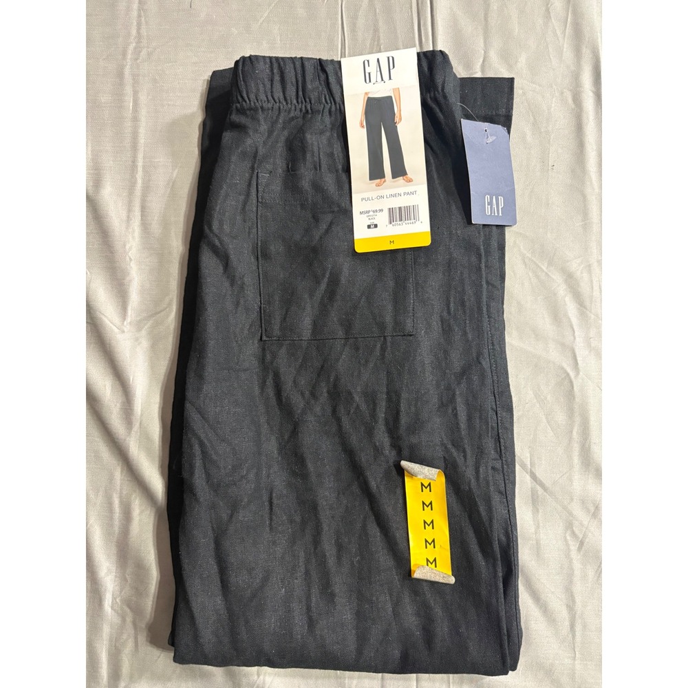 Gap Pull-On Linen Pants Black Wide Leg Drawstring Trousers GP012714 Womens M